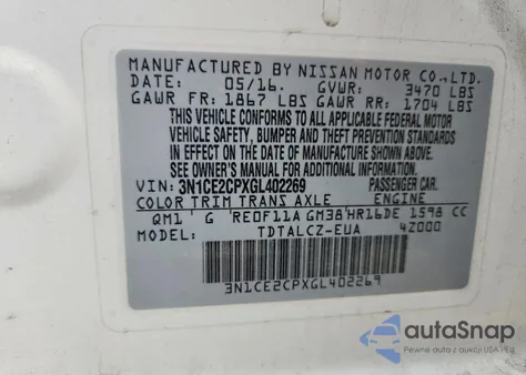 2016 Nissan Versa Note S z USA, uszkodzony, nr VIN 3N1CE2CPXGL402269